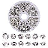 PH PandaHall 300pcs 6 Style Antique Silver Spacer Beads, Tibetan Metal Alloy Tube Spacers Flower Flat Rondelle Small Loose Beads for Bracelet Necklace Earring Jewelry Making Supplies