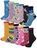 Different Touch 12 Pairs Pack Kids Girls Colorful Creative Fun Novelty Design Crew Socks (6-8, Pretty)