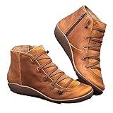 JEUROT Women's Ankle Boot Flat Heel Lace Up Side Zip Ankle Booties Vintage Retro Round Toe Short Boots Casual Walking Shoes (Brown, 7.5)