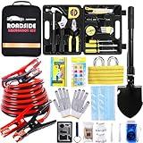 HAIPHAIK Car Emergency Roadside Kit- Safety Kits for Cars, Car Jumper Cables Kit 11.8 Foot (Upgrade) 124 Pcs Car Tool Kit,Tow Strap, Folding Survival Shovel