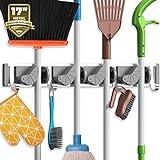 Holikme Mop Broom Holder Wall Mount Metal Pantry Organization and Storage Garden Kitchen Tool Organizer Wall Hanger for Home Goods (4 Positions with 4 Hooks, Silver)