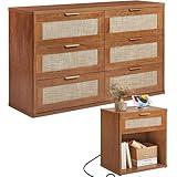 LEYAOYAO Rattan Dresser and Nightstand Set of 2, Boho Wood Dresser for Bedroom with 6 Drawers and Night Stand with Charging Station, Bedroom Furniture, Dressers & Chests of Drawers,Living Room,Hallway