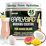 EarlyBird Energy Drink Powder - Morning Cocktail Pink Guava - Zero Sugar Electrolytes with Amino Acids - Electrolytes Powder & Caffeine Drink Mix for Morning Energy, Focus & Hydration - 45 Servings
