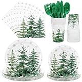 JarThenaAMCS 175Pcs Christmas Tree Party Supplies Kit Green Cedar Tableware Set Xmas Winter Disposable Dinnerware Paper Napkin Plate Cup Plastic Fork Knives Spoon for 25 Guests Party Favor