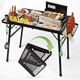 Grovind Grill Table Camping Table with 2 Wing Panels, Mesh Metal Folding Grill Table Height Adjustable & Lightweight & Portable Table for Outdoor Indoor Picnic, Camping, Beach and BBQ, RV