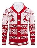 Cozople Mens Christmas Sweater Casual Shawl Collar Knitted Cardigan Reindeer Snowflake Pattern Button Down Knitwear Red L