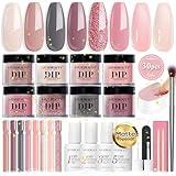 AZUREBEAUTY 30Pcs Dip Powder Nail Kit Starter with Nail Sticks, Translucent Jelly Nude Pink Gary 8 Colors Dipping Liquid Set Added Matte Top Coat Recycling Tray for Manicure Salon DIY Home