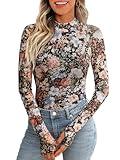 Dealmore Lace Long Sleeve Floral Mesh Mockneck Going Out Tops for Women Fashion Fall Outfits 2024 Floral Fierce L