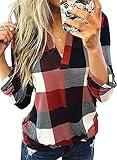 Dokotoo Womens Blouse Spring Summer Fall Fashion Ladies Basic Cotton Cuffed 3/4 Long Sleeve Plaid Print V Neck Work Tops Tunic Blouses Shirts for Women 2024 Business Casual Red