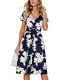 OUGES Women's Summer Short Sleeve V-Neck Pattern Knee Length Dress with Pockets Casual Summer Dress Sundresses for Women 2025(Floral01,XL)
