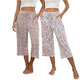 Kabento 2 Pack Womens Pajama Pants Capri Sleep Lounge Pants Drawstring Pj Bottoms with Pockets, Grey & Flowers, Large