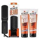 Wild Willies Beard Grooming Kit - Beard Straightener for Men, PROGRO - Fortified with Biotin & Caffeine for Hair Growth, Wash, Hydration - Ionic 2-in-1 Heated Comb Brush, Made in USA