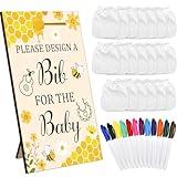 Panitay 43 Pcs Baby Shower Games White Bibs Design, Include Wooden Baby Shower Game Sign, 30 DIY Blank White Bibs, 12 Markers for Gender Reveal Party Decorating Supplies(Honeycomb)