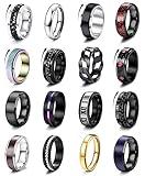 Besteel 16Pcs Stainless Steel Fidget Rings for Men Women Stress Anxiety Relief Rings Black Cool Chain Band Spinner Rings Set for Wedding Promise Mens Rings Pack