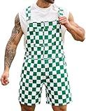 Odefou Checkered Bib Overalls for Men Jumpsuit Shorts Work Coveralls(Green Checkered,S)