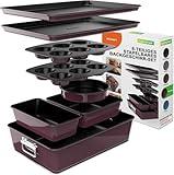 NutriChef 8-Piece Nonstick Stackable Bakeware Set - PFOA, PFOS, PTFE Free Baking Tray Set w/Non-Stick Coating, 450°F Oven Safe, Round Cake, Loaf, Muffin, Wide/Square Pans, Cookie Sheet (Plum)