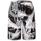 Mens Swim Trunks for Men, Black White Pirate Skull Compass Heavy Metal Mens Board Shorts Swimwear Bathing Suit with Mesh Lining, Funny Hawaii Quick Dry Beach Shorts for Men Swimming Trunks, Large