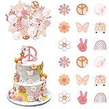 63 PCS Edible Hippie Party Cupcake Toppers Peace Sign Hand Butterfly Two Groovy Cupcake Picks Dasiy 60s Retro Boho Cake Decorations for Hippie Two Groovy Carnival Theme Birthday Party Supplies