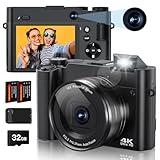 4K Digital Camera, 64MP Rear and Front Camera for Photography and Video Autofocus Anti-Shake, 3'' Selfie Flip Vlogging Camera with Ultra Bright Flash, Camera with Dial 16X Zoom (2 Batteries+Charger)