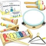 MINIARTIS Baby Musical Instruments Set - Montessori Musical Toys for Toddlers 1-3 | Modern Boho Kids Xylophone with Songbook | Neutral Colors Wooden Percussion Instruments | Preschool Educational 3+