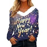 New Year's Eve, Amazon Essentials Womens Clothing New Years Eve Party Suit Happy New Year 2025 Printed Graphic Holidays Festival Outfits Going Out Tops for Women New Years Fall Outfits(Blue,L