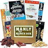 Manly Munch Box Jerky Gift Box, Curated Assortment of High Protein Snacks, Beef & Turkey Jerky Variety Pack Gift Set, Exotic Meat Gift for Men & Women