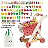 Jovow 98pcs Kids Shopping Cart Trolley Play Set with Pretend Food and Accessories,Perfect for Ages 3+ Pretend Play and Role-Playing Games (Red)