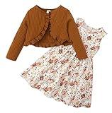 Tinypainter Kid Toddler Girl Fall Dress+Cardigan 2 Piece Floral/Plaid Sleeveless Dress and Cardigan Set 2-7T(Brown,6-7T)