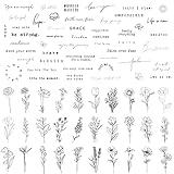 TATUWST Realistic Temporary Tattoos - 60 Sheets Tiny Small Removable Tattoos, 30 Pcs Inspirational Quotes Words Tattoos, 30 Pcs Wild Flower Ink Line Botanical Floral Leaf Tattoo Stickers for Women