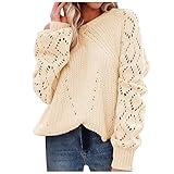 Women's Fall Clothes, Women Sweater Prime Wardrobe Clothing Try Before You Buy Women's Autumn and Winter Fashion Solid Color Hollow Round Neck Long Sleeve Knit Sweater Outfits (L, Beige)