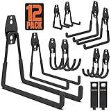 SMARTOLOGY Garage Hooks, 12 Pack Wall Mount Storage Holders with 2 Extension Cord Storage Straps, Heavy Duty for Utility Organizer, Garden Lawn Tools, Ladders Hanger, Bike