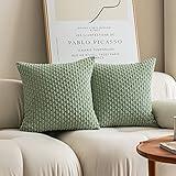 Kevin Textile 2 Packs Decorative Throw Pillow Covers 18x18 Inch for Living Room Couch Bed Sofa Soft Striped Corduroy Square Cushion Case 45x45 cm Farmhouse Boho Home Decor Sage Green