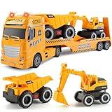 CUTE STONE Construction Tow Truck Toy with Excavator and Dump Truck, Semi Truck with Sounds and Lights for Toddler, Kids, Boys and Girls