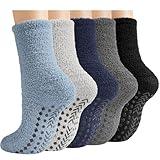 Toes Home Fuzzy Socks Men with Grips, Winter Fluffy Slipper Socks Hospital Cozy Warm Non-slip Thick 5 Pairs