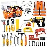 Deejoy Tool Set with Tool Box & Electronic Toy Drill, Pretend Play Kids Construction Kits for Kids Ages 3-5 Years Old, Toddler Boy Toys(Orange)