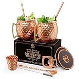 COPPER-BAR Moscow Mule Copper Mugs - Unique HANDCREFTED Gift Set of 2, Hammered by Artisan, 100% Pure Solid Copper Cups 16oz for Drinking Water & Cocktails, Include 12 Pcs accessories & Special Opener
