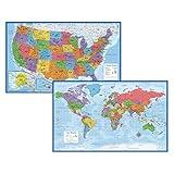 Laminated World Map & US Map Poster Set - 18" x 29" - Wall Chart Maps of the World & United States - Made in the USA (LAMINATED)