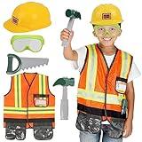 Popsunny Kids Construction Worker Toys, Toddler Tool Pretend Play with Construction Vest & Hat, Worker Dressup Set for Boys Girls 3 4 5 Years Old