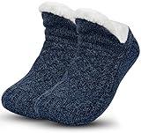 Backche Unisex Fluffy Fuzzy Warm Slipper Socks for Men Women, Thick Fleece Lined Non-Slip Socks Indoor Floor Navy Blue