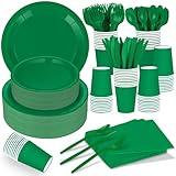 TWOWYHI 228PCS Green Party Supplies Set Include Paper Plates Cups Paper Napkins Plastic Spoons Forks Knives for 30 Guests Disposable Party Dinnerware for Birthday Wedding Family Picnic