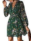 CUPSHE Women's Mini Dress Floral Print V Neck Long Peasant Sleeves Chiffon A-Line Flowy Short Dress Green, XL