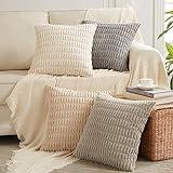 Fancy Homi 4 Packs Neutral Decorative Throw Pillow Covers 18x18 Inch for Living Room Couch Bed Sofa, Rustic Farmhouse Boho Home Decor, Soft Plush Striped Corduroy Square Cushion Case 45x45 cm