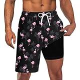 Mens Hawaiian Flamingo Swimming Trunks with Compression Liner 2 in 1 Quick-Dry Swimwear Swimsuit Board Shorts 9 Inch Inseam Beach Tropical Palm Tree Bathing Suits with Phone Pockets
