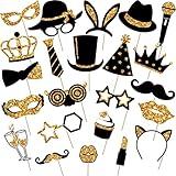 24 Pieces Funny Photo Booth Props for New Years Eve Party Supplies Birthday Weddings Prom Disco Mardi Gras Party Supplies Mix of Hats, Lipstick, Tie, Crowns(Golden)