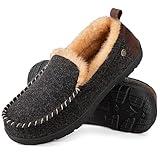 HomeTop Men's Memory Foam Moccasin Slippers, Indoor and Outdoor Warm Fuzzy Fleece House Shoes Black,11 US