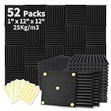 Focusound 52 Pack Acoustic Foam Panels 1" x 12" x 12" Sound Proof Foam Panles Soundproofing Noise Cancelling Wedge Panels for Home Office Recoding Studio with 300PCS Double-Side Adhesive