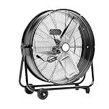 Amazon Basics 24-inch Industrial Drum Fan With Metal Construction, 2 Speed Settings, 5.9-Ft Power Cord and 2 Wheels, UL-Certified, 215W, Black