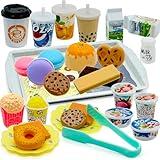 Pretend Play Kitchen Food Set for Kids Hamburger Fries Noodles Drink with Tray Playset,Play House Kitchen Accessories Role Toys Birthday Gifts for Boys Girls 3 4 5 Yrs (29Pcs Dessert Drinks)