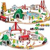 SainSmart Jr. 112-Piece Wooden Train Set for Toddler – Double-Sided Train Tracks, Compatible with Brio, Thomas, Melissa & Doug – Perfect Wood Toy for Boys and Girls