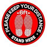 6 of Social Distancing Floor Carpet Signs Stickers 12" - Keep 6 Feet Distance Vinyl Safety Decals - Please Wait Here Stand Here Sticker - Removable Adhesive Round Markers with Footprints - USA